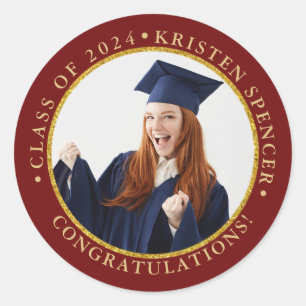 Personalised Red Gold Graduate Photo Graduation Classic Round Sticker