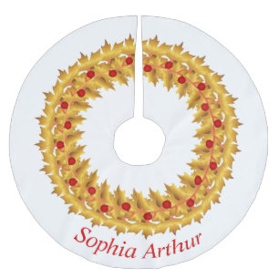Personalised Red Gold Leaves Wreath Christmas Brushed Polyester Tree Skirt
