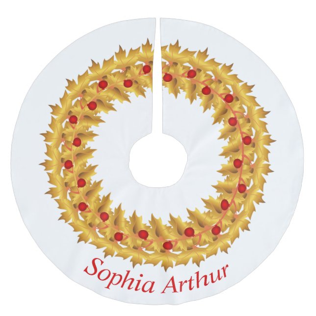  Personalised Red Gold Leaves Wreath Christmas  Brushed Polyester Tree Skirt (Front)