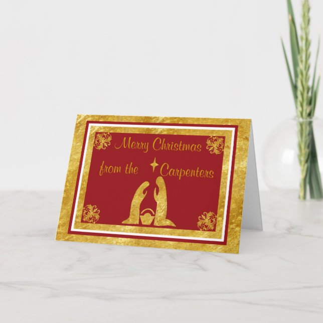 Personalised Red & Gold Nativity Christmas Card (Front)