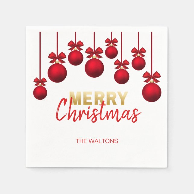 Personalised RED Gold Ornaments Merry Christmas Napkin (Front)