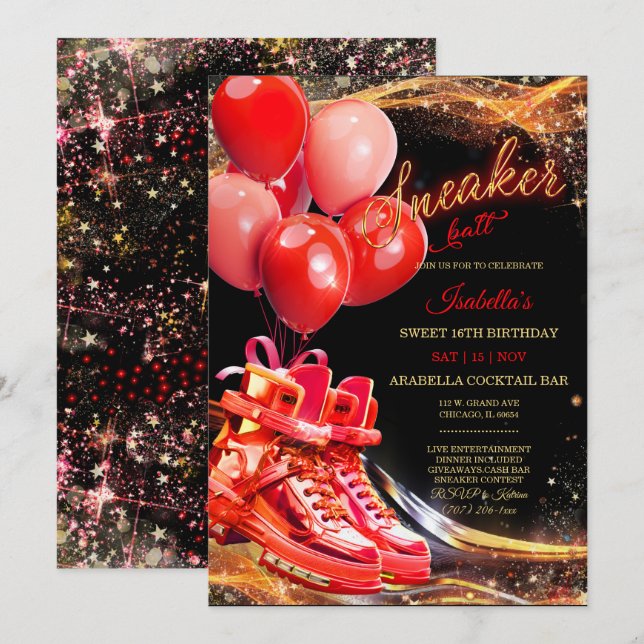Personalised Red Gold Sneaker Ball Birthday Invitation (Front/Back)