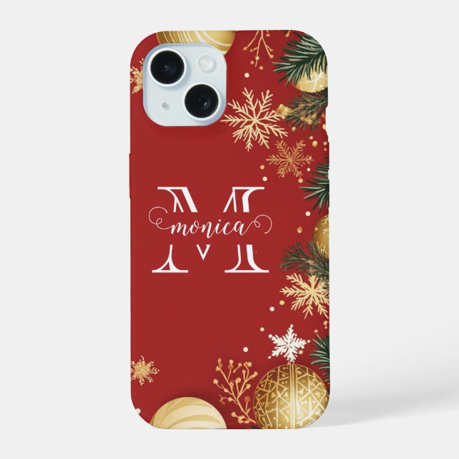 Personalised Red Gold Xmas Split Monogram Name iPhone 15 Case (Back)