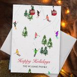 Personalised Red Gondola Ski Holidays Illustration Holiday Card<br><div class="desc">Cool winter themed skier pattern design with skiers skiing down alpine ski resort slopes among snow covered fir trees in alps. Freeride skiers are wearing colourful vintage retro ski suits, skiing downhill with skis on a white snowy mountain landscape background. Wonderful winter sport fun gift for a skier in your...</div>