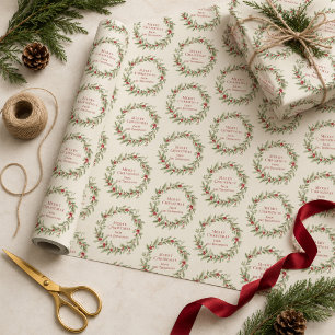 Personalised Red Green Botanical Christmas Wreath Wrapping Paper