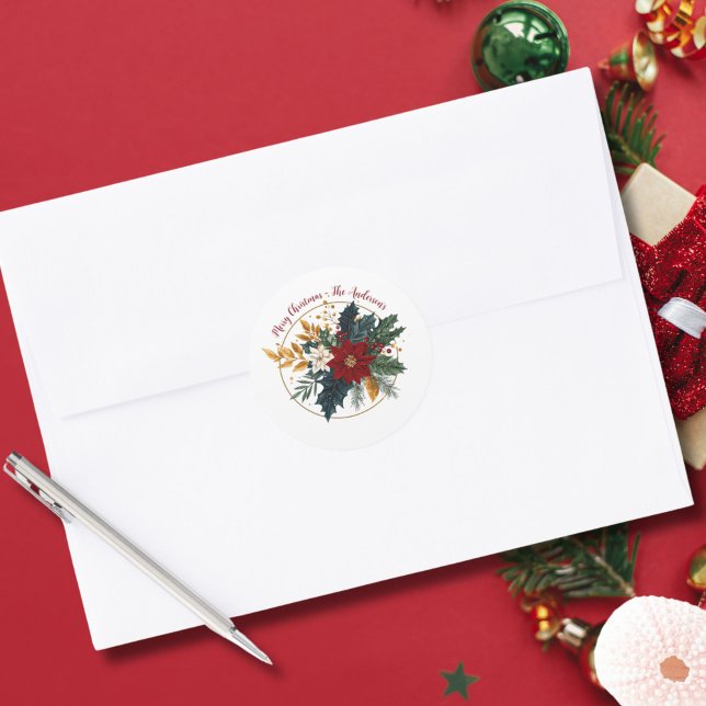 Personalised Red Green Gold Floral Christmas Classic Round Sticker (Red Green Gold Floral Botanical Personalized Christmas Holiday Stickers)