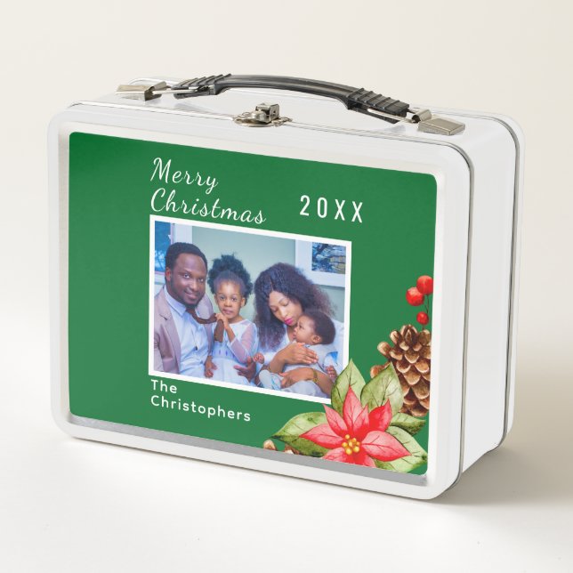 Personalised  Red, Green Holiday Family Image Metal Lunch Box (Front)