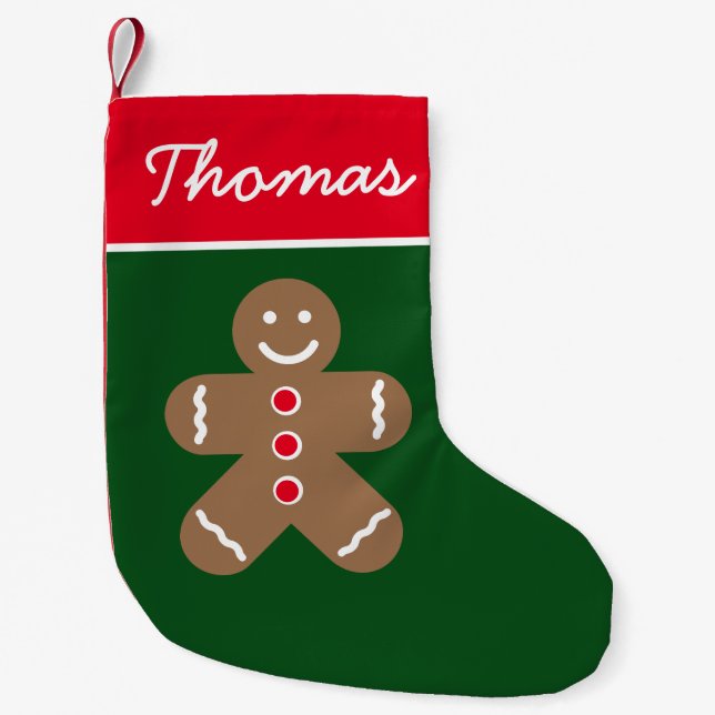 Personalised red green Holiday gingerbread man Small Christmas Stocking (Front)