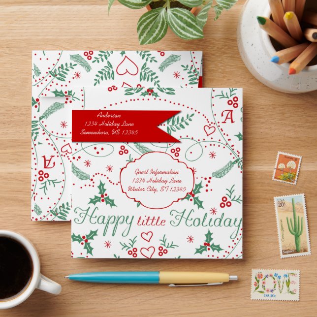 Personalised Red Green Holly Happy little Holiday Envelopes (Desk)