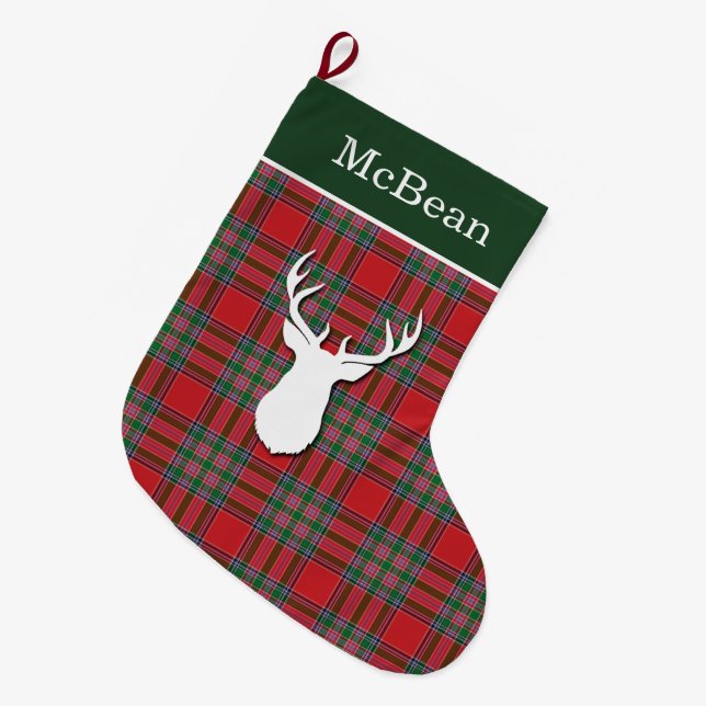Personalised Red Green McBean Tartan Deer Large Christmas Stocking (Front (Hanging))