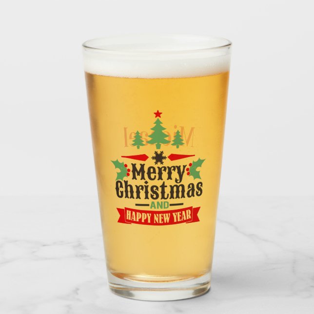 Personalised Red Green Merry Christmas Typography Glass (Front Filled)