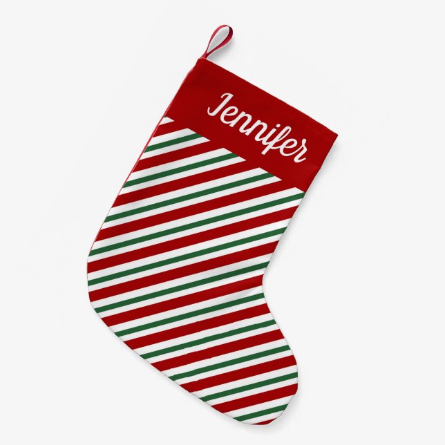 Personalised Red Green Stripes  Small Christmas Stocking (Front (Hanging))