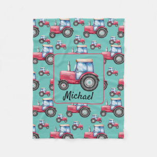 Personalised Red Green Watercolor Tractor Pattern Fleece Blanket