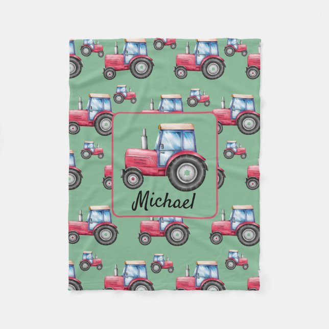 Personalised Red Green Watercolor Tractor Pattern  Fleece Blanket (Front)