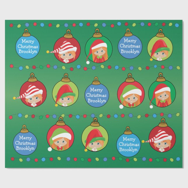Personalised Red Hair Girl Elf Wrapping Paper (Flat)