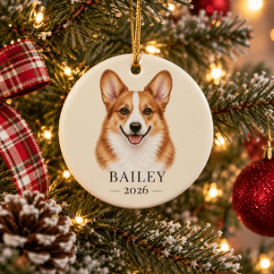 Personalised Red-Headed Corgi Name & Year Ceramic Tree Decoration