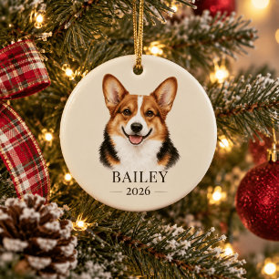 Personalised Red-Headed Tricolor Corgi Name & Year Ceramic Tree Decoration