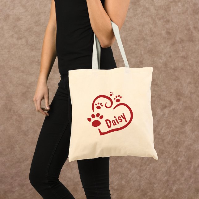 Personalised Red Heart and Paw Prints Canvas Tote Bag (Creator Uploaded)