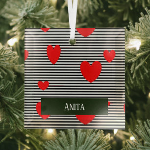 Personalised red hearts and stripes glass tree decoration