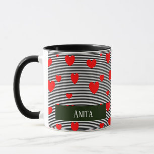 Personalised red hearts and stripes mug
