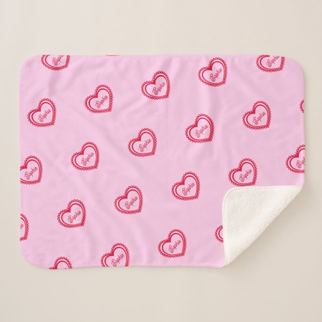 Personalised Red Hearts Over Pretty Pink Sherpa Blanket (Front (Horizontal))