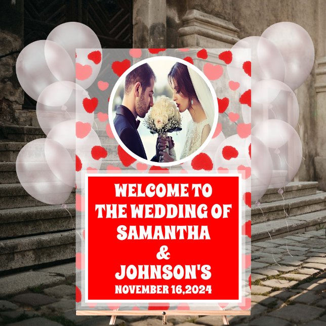 Personalised Red Hearts Wedding Welcome Frosted Acrylic Sign (Creator Uploaded)
