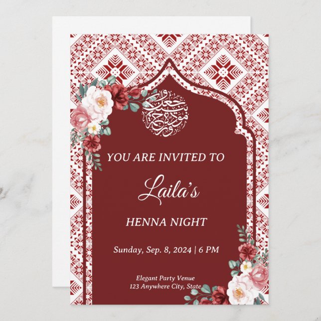 Personalised Red Henna Night Invitation (Front/Back)