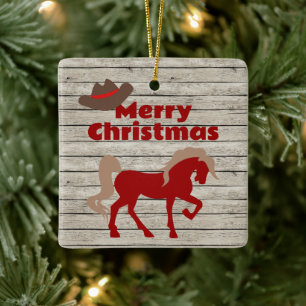 Personalised Red Horse and Cowboy Hat Christmas  Ceramic Ornament