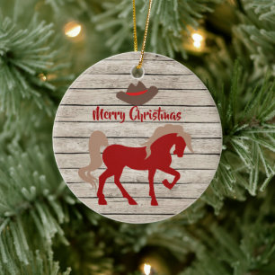 Personalised Red Horse and Cowboy Hat Christmas Ceramic Tree Decoration