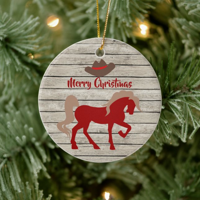 Personalised Red Horse and Cowboy Hat Christmas Ceramic Tree Decoration (Tree)