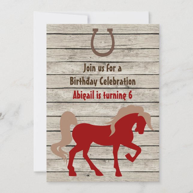 Personalised Red Horse Rustic Wood Birthday Invite (Front)