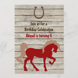 Personalised Red Horse Rustic Wood Birthday Invite
