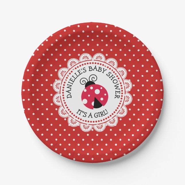 Personalised Red Ladybug Baby Shower Paper Plates (Front)