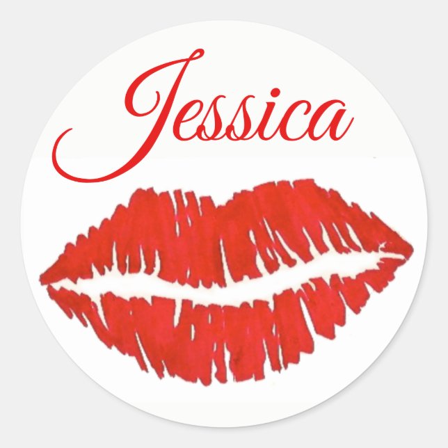 Personalised Red Lips Lipstick Kiss Print Love Classic Round Sticker (Front)