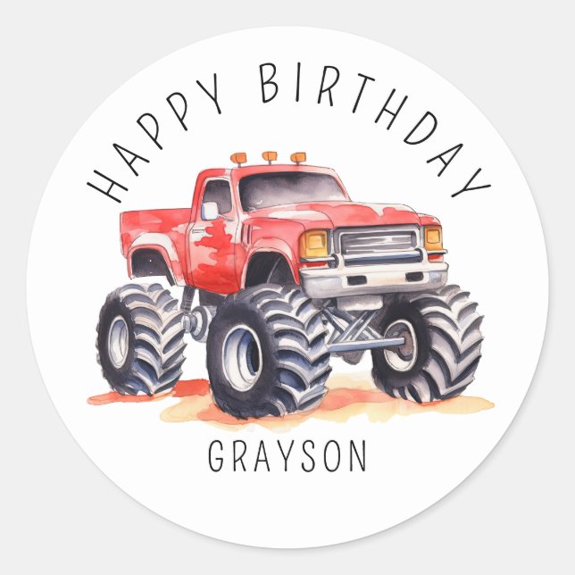 Personalised Red Monster Truck Birthday Gift Classic Round Sticker (Front)