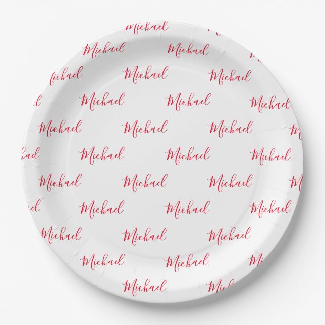 Personalised Red Name Script  Paper Plate (Front)