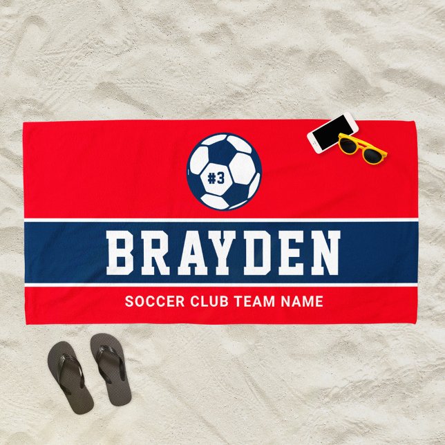 Personalised Red Navy Blue Soccer Player Name Beach Towel (Creator Uploaded)