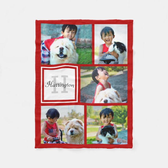 Personalised Red Photo Collage Monogrammed Gift Fleece Blanket (Front)