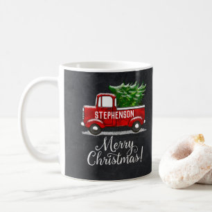 Personalised Red Pickup Truck Tree Merry Christmas Coffee Mug