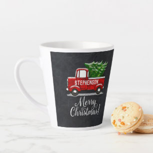 Personalised Red Pickup Truck Tree Merry Christmas Latte Mug