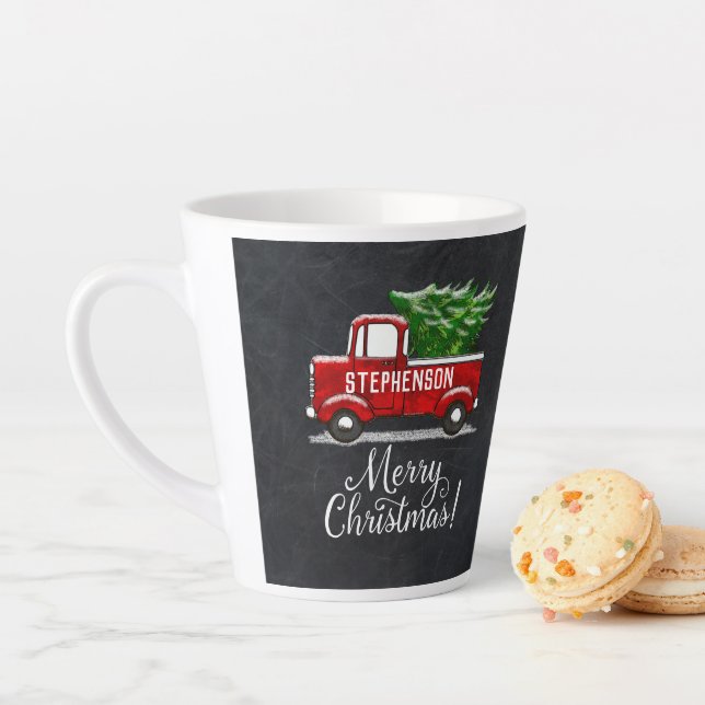 Personalised Red Pickup Truck Tree Merry Christmas Latte Mug (In Situ)