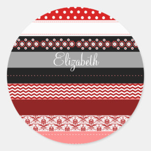 Personalised Red Pink Black White Washi Tape Look Classic Round Sticker