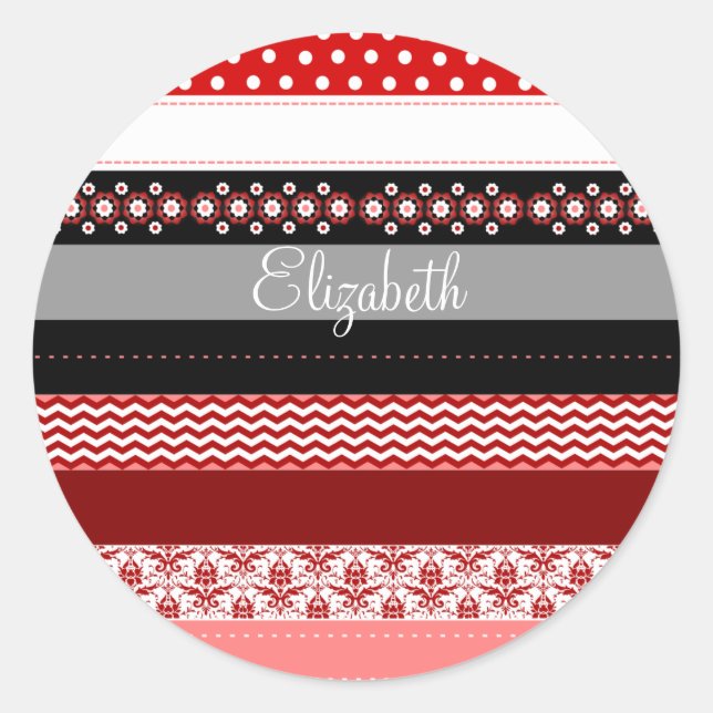Personalised Red Pink Black White Washi Tape Look Classic Round Sticker (Front)