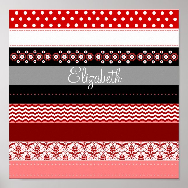 Personalised Red Pink Black White Washi Tape Look Poster (Front)
