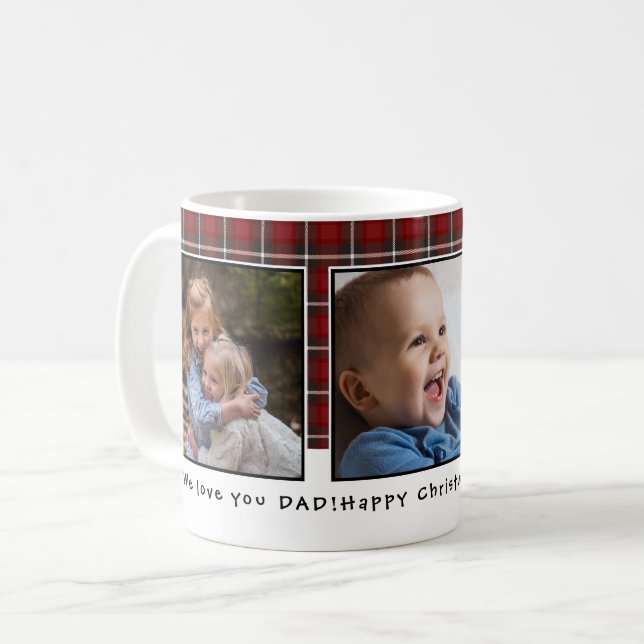 Personalised Red Plaid Christmas 3 Photo Coffee Mug (Front Left)