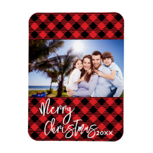 Personalised Red Plaid Christmas Frame Magnet Card