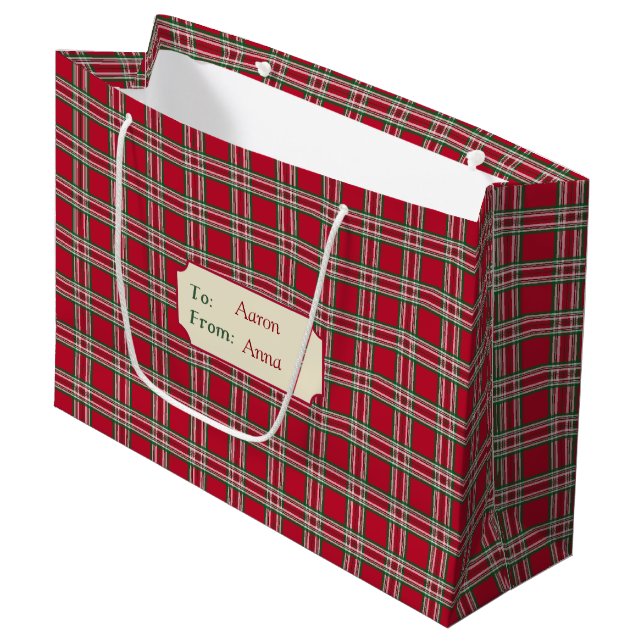 Personalised Red Plaid Christmas Gift Bag (Front Angled)