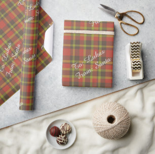 Personalised Red Plaid Kids Holiday Santa Gift Wrapping Paper
