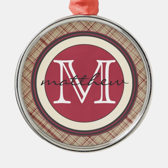 Personalised Red PLaid Monogram Metal Tree Decoration (Front)