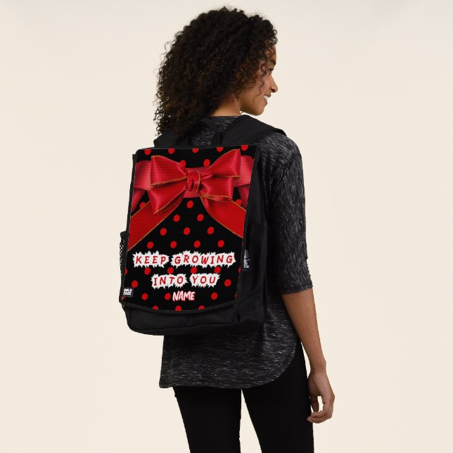Personalised Red Polka Dot Bow  Backpack (Worn)